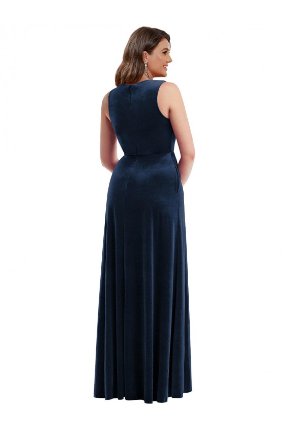 Azul marina oscuro Cubierta Cuello en V Terciopelo Elástico Largo Formales Vestidos de dama de honor / Vestidos de fiesta Fábrica