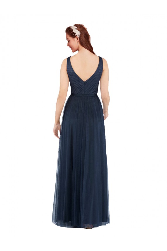 Azul marina oscuro Cubierta Cuello en V Tul Largo Vestidos de dama de honor Fábrica