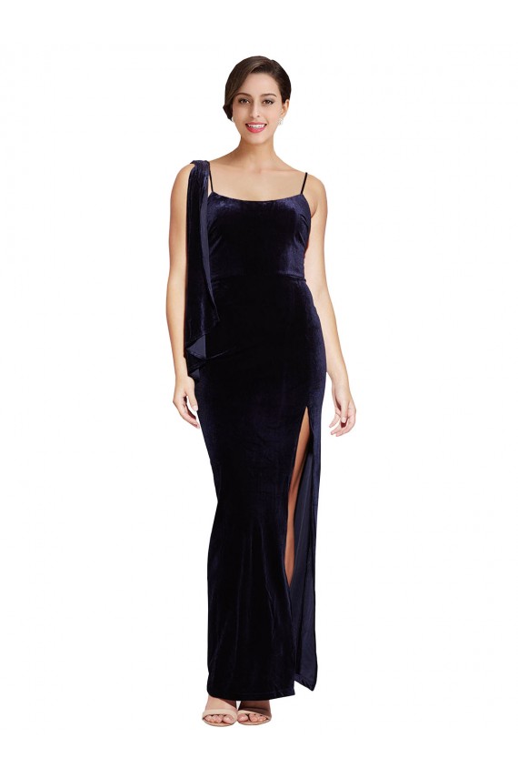 Azul marina oscuro Cubierta Tirantes espagueti Cuadrado Terciopelo Elástico Largo Formales Vestidos de dama de honor / Vestidos de fiesta Fábrica