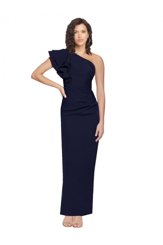 Azul marina oscuro Cubierta Un Hombre Crepé Elástico Largo Formales Vestidos de dama de honor / Vestidos de fiesta Fábrica