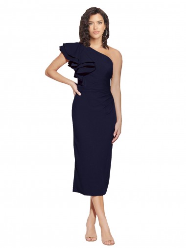 Azul marina oscuro Cubierta Un Hombre Midi Crepé Elástico Corto Formales Vestidos de dama de honor / Vestidos de fiesta / Vestidos de cóctel Fábrica