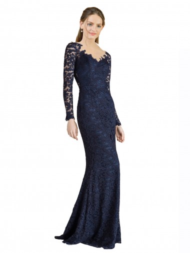 Azul marina oscuro Sirena Cuello de Corazón Encaje Largo Vestidos de dama de honor / Vestidos de fiesta Fábrica