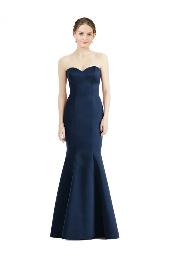 Azul marina oscuro Sirena Cuello de Corazón Satén Largo Vestidos de dama de honor Fábrica