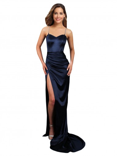 Azul marina oscuro Sirena Cuello de Corazón Satén elástico Largo Formales Vestidos de dama de honor / Vestidos de fiesta Fábrica
