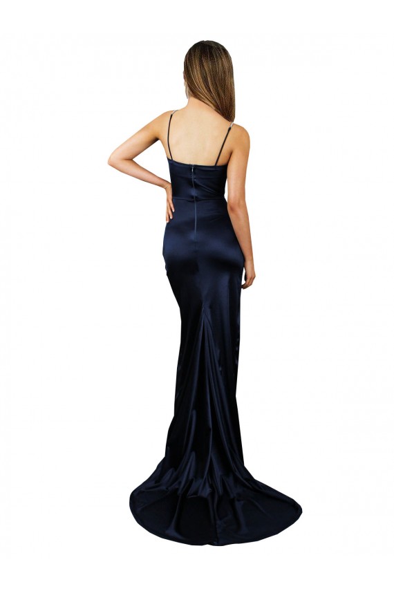 Azul marina oscuro Sirena Cuello de Corazón Satén elástico Largo Formales Vestidos de dama de honor / Vestidos de fiesta Fábrica