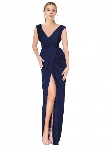 Azul marina oscuro Sirena Cuello en V Cuello Alto Gasa Largo Formales Vestidos de dama de honor / Vestidos de fiesta Fábrica