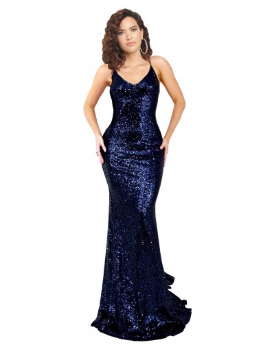 Azul marina oscuro Sirena Cuello en V Lentejuela Largo Formales Vestidos de dama de honor / Vestidos de fiesta Fábrica