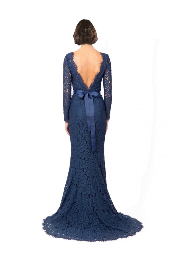 Azul marina oscuro Sirena Cuello joya Barrer tren Encaje Largo Vestidos de dama de honor Fábrica