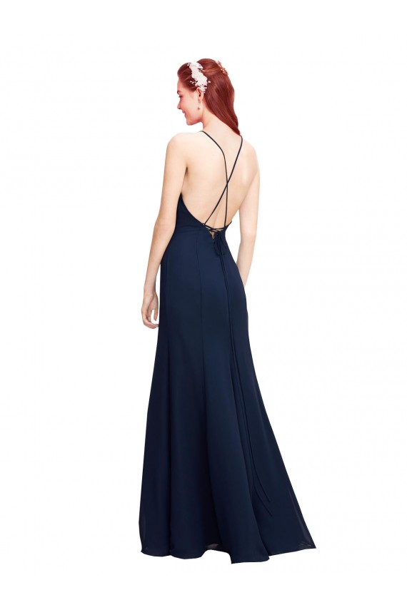 Azul marina oscuro Sirena Halter Cuello Alto Gasa Largo Vestidos de dama de honor / Vestidos de fiesta Fábrica