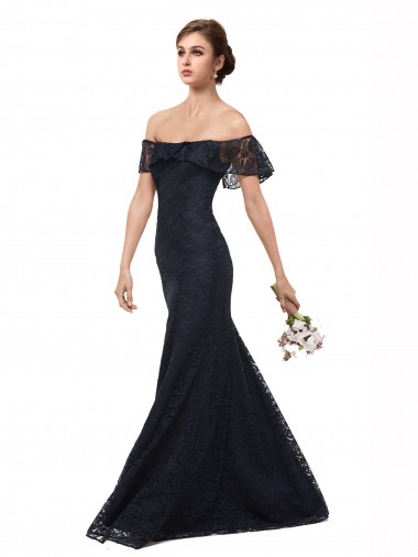Azul marina oscuro Sirena Hombros Descubiertos Encaje Largo Vestidos de dama de honor / Vestidos de fiesta Fábrica