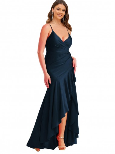 Azul marina oscuro Sirena Tirantes espagueti Satén sedoso Largo Asimétrico Formales Vestidos de dama de honor / Vestidos de fiesta Fábrica