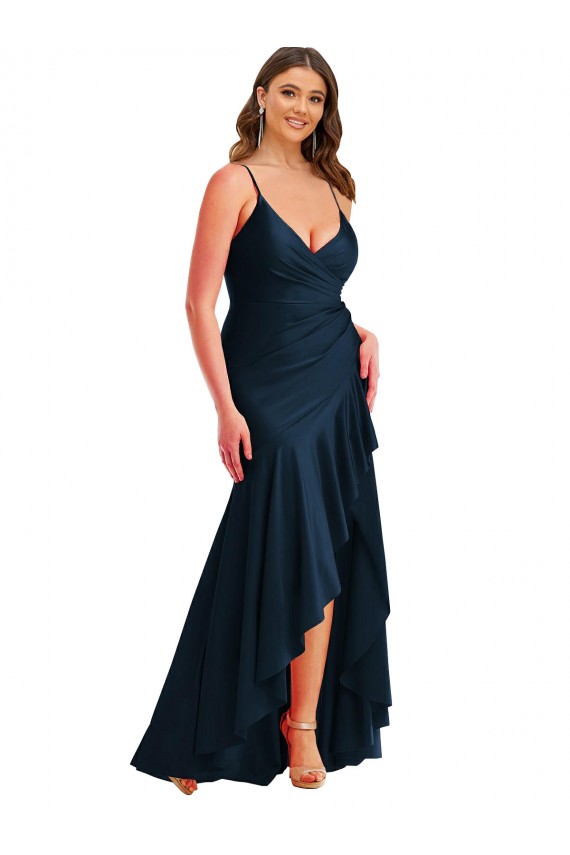 Azul marina oscuro Sirena Tirantes espagueti Satén sedoso Largo Asimétrico Formales Vestidos de dama de honor / Vestidos de fiesta Fábrica