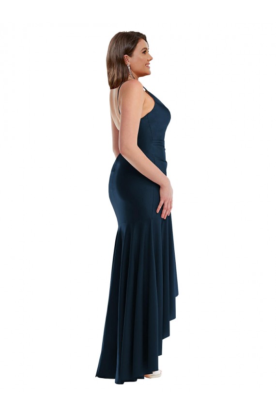 Azul marina oscuro Sirena Tirantes espagueti Satén sedoso Largo Asimétrico Formales Vestidos de dama de honor / Vestidos de fiesta Fábrica