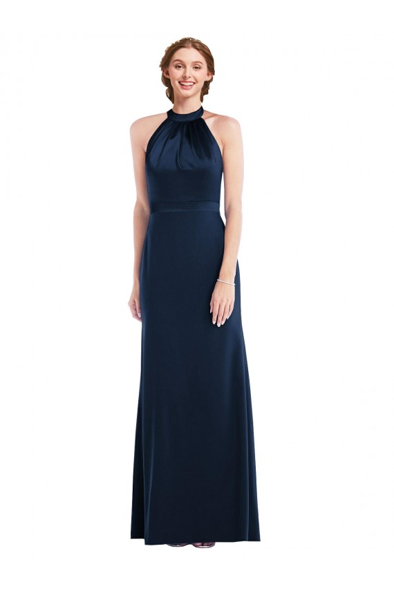 Azul marina oscuro Trompeta Cuello Alto Crepé Elástico Largo Vestidos de dama de honor / Vestidos de fiesta Fábrica