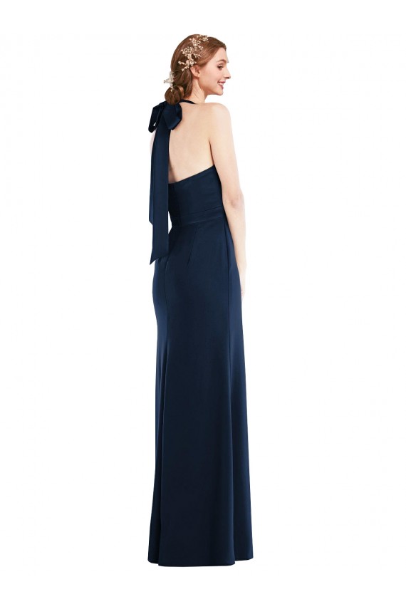 Azul marina oscuro Trompeta Cuello Alto Crepé Elástico Largo Vestidos de dama de honor / Vestidos de fiesta Fábrica
