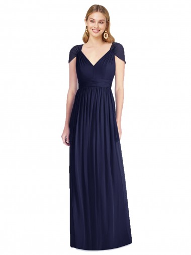 Azul marina oscuro Trompeta Cuello en V Gasa Largo Vestidos de dama de honor Fábrica