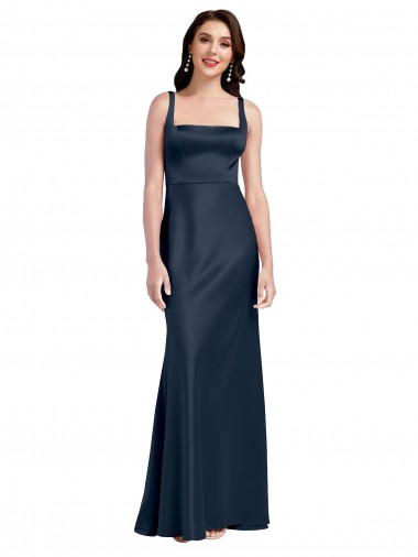 Azul marina oscuro línea A Cuadrado Satén elástico Largo Formales Vestidos de dama de honor / Vestidos de fiesta Fábrica