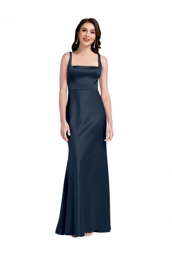 Azul marina oscuro línea A Cuadrado Satén elástico Largo Formales Vestidos de dama de honor / Vestidos de fiesta Fábrica
