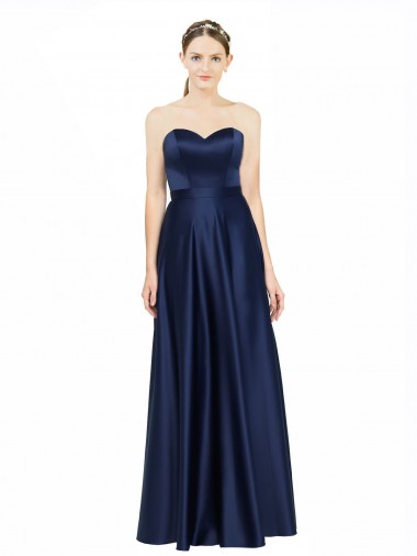 Azul marina oscuro línea A Cuello de Corazón Satén elástico Largo Formales Vestidos de dama de honor / Vestidos de noche Fábrica