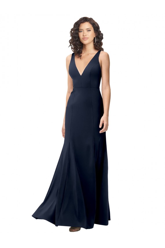 Azul marina oscuro línea A Cuello en V Cuello Alto Crepé Elástico Largo Formales Vestidos de dama de honor / Vestidos de fiesta Fábrica