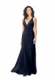 Azul marina oscuro línea A Cuello en V Cuello Alto Crepé Elástico Largo Formales Vestidos de dama de honor / Vestidos de fiesta Fábrica