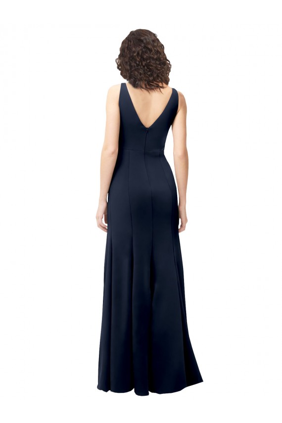 Azul marina oscuro línea A Cuello en V Cuello Alto Crepé Elástico Largo Formales Vestidos de dama de honor / Vestidos de fiesta Fábrica
