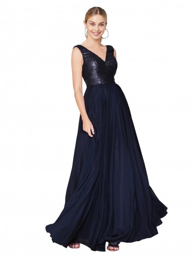 Azul marina oscuro línea A Cuello en V Cuello Alto Gasa Lentejuela Largo Vestidos de dama de honor / Vestidos de fiesta Fábrica