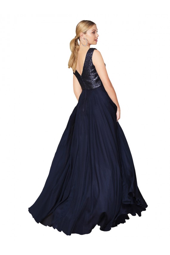 Azul marina oscuro línea A Cuello en V Cuello Alto Gasa Lentejuela Largo Vestidos de dama de honor / Vestidos de fiesta Fábrica