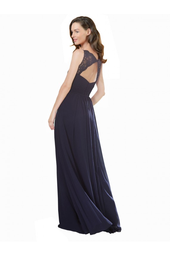 Azul marina oscuro línea A Cuello en V Gasa Encaje Largo Vestidos de dama de honor Fábrica