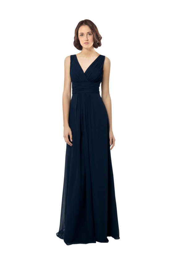 Azul marina oscuro línea A Cuello en V Gasa Largo Vestidos de dama de honor Fábrica