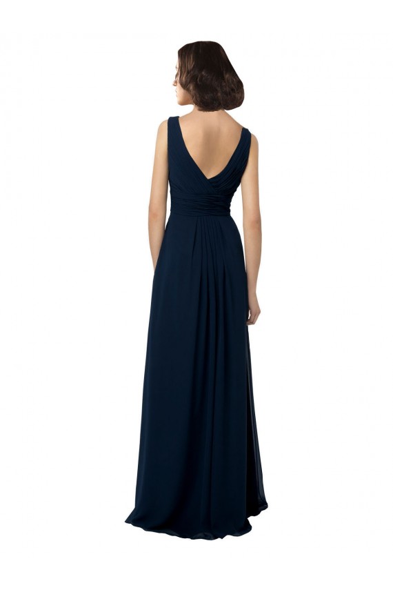 Azul marina oscuro línea A Cuello en V Gasa Largo Vestidos de dama de honor Fábrica