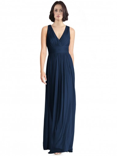 Azul marina oscuro línea A Cuello en V Gasa Largo Vestidos de dama de honor Fábrica