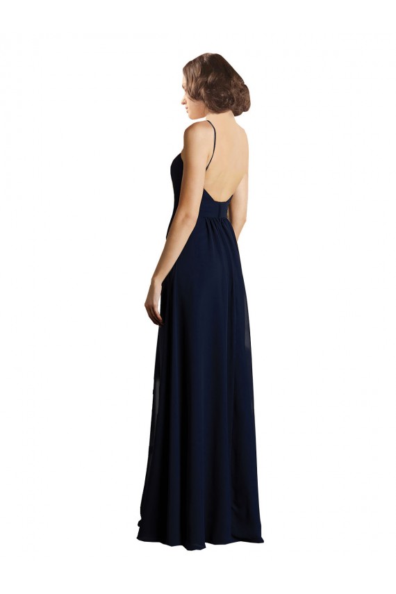 Azul marina oscuro línea A Cuello en V Gasa Largo Vestidos de dama de honor Fábrica