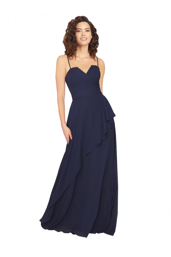 Azul marina oscuro línea A Cuello en V Gasa Largo Vestidos de dama de honor Fábrica