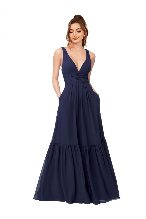 Azul marina oscuro línea A Cuello en V Gasa Largo Vestidos de dama de honor Fábrica