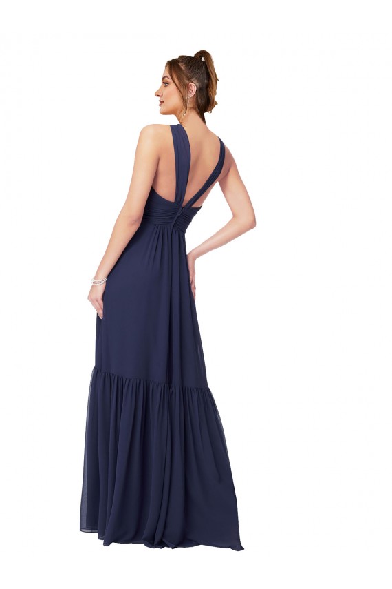 Azul marina oscuro línea A Cuello en V Gasa Largo Vestidos de dama de honor Fábrica