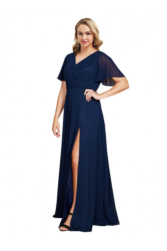 Azul marina oscuro línea A Cuello en V Gasa Largo Formales Vestidos de dama de honor / Vestidos de fiesta Fábrica