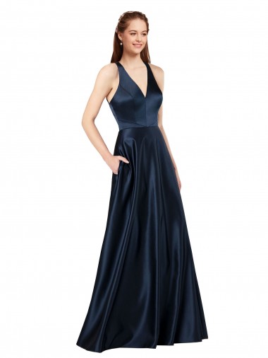 Azul marina oscuro línea A Cuello en V Satén Largo Formales Vestidos de dama de honor / Vestidos de fiesta Fábrica