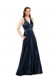 Azul marina oscuro línea A Cuello en V Satén Largo Formales Vestidos de dama de honor / Vestidos de fiesta Fábrica