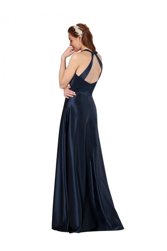 Azul marina oscuro línea A Cuello en V Satén Largo Formales Vestidos de dama de honor / Vestidos de fiesta Fábrica