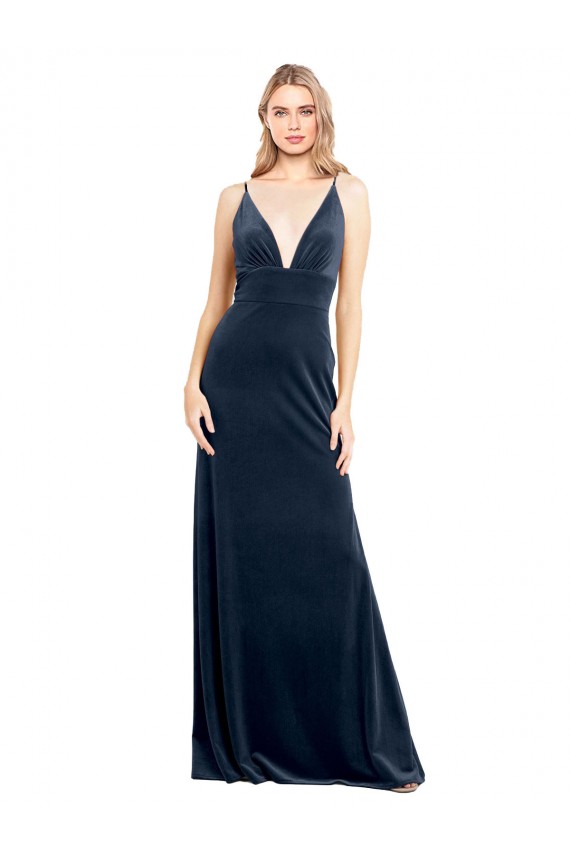 Azul marina oscuro línea A Cuello en V Terciopelo Elástico Largo Vestidos de dama de honor / Vestidos de fiesta Fábrica