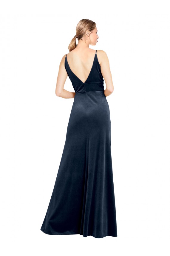 Azul marina oscuro línea A Cuello en V Terciopelo Elástico Largo Vestidos de dama de honor / Vestidos de fiesta Fábrica