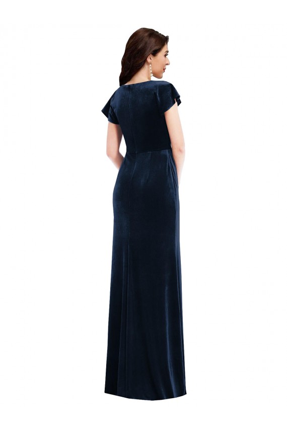 Azul marina oscuro línea A Cuello en V Terciopelo Elástico Largo Formales Vestidos de dama de honor / Vestidos de fiesta Fábrica