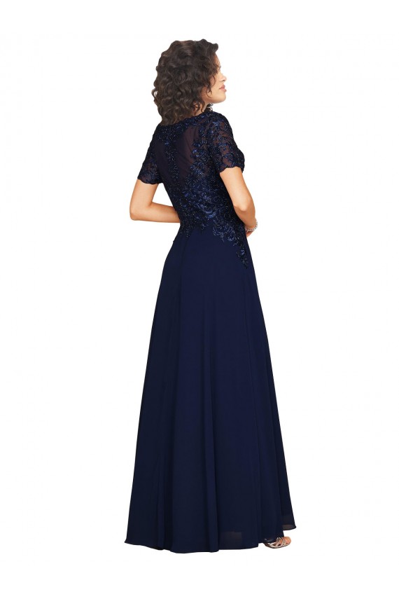 Azul marina oscuro línea A Cuello redondo Gasa Largo Vestidos de dama de honor / Vestidos de fiesta Fábrica