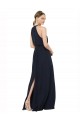 Azul marina oscuro línea A Halter Cuello Alto Gasa Largo Vestidos de dama de honor Fábrica