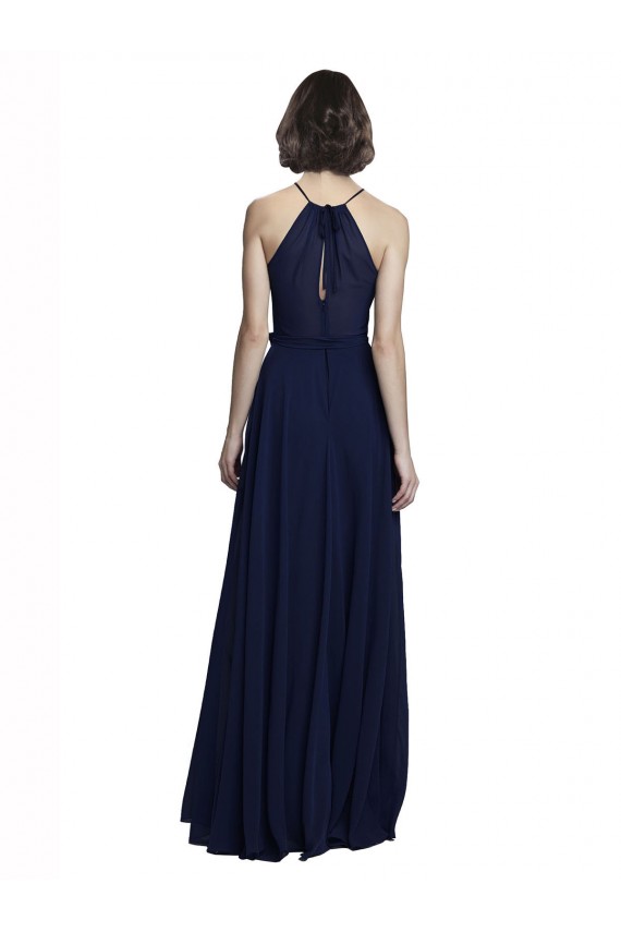 Azul marina oscuro línea A Halter Cuello Alto Gasa Largo Vestidos de dama de honor Fábrica