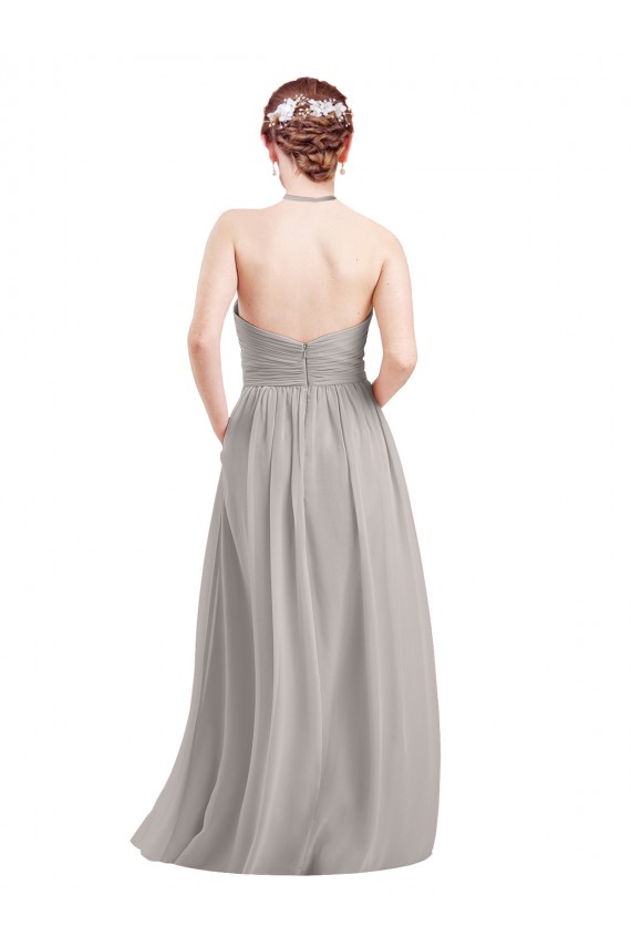 Azul marina oscuro línea A Halter Cuello Alto Gasa Largo Vestidos de dama de honor Fábrica