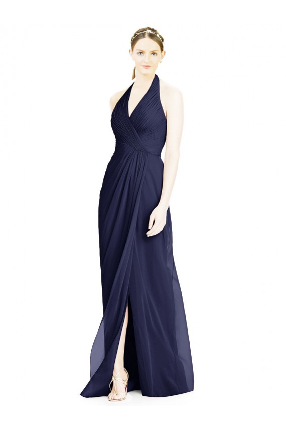 Azul marina oscuro línea A Halter Cuello en V Gasa Largo Vestidos de dama de honor Fábrica