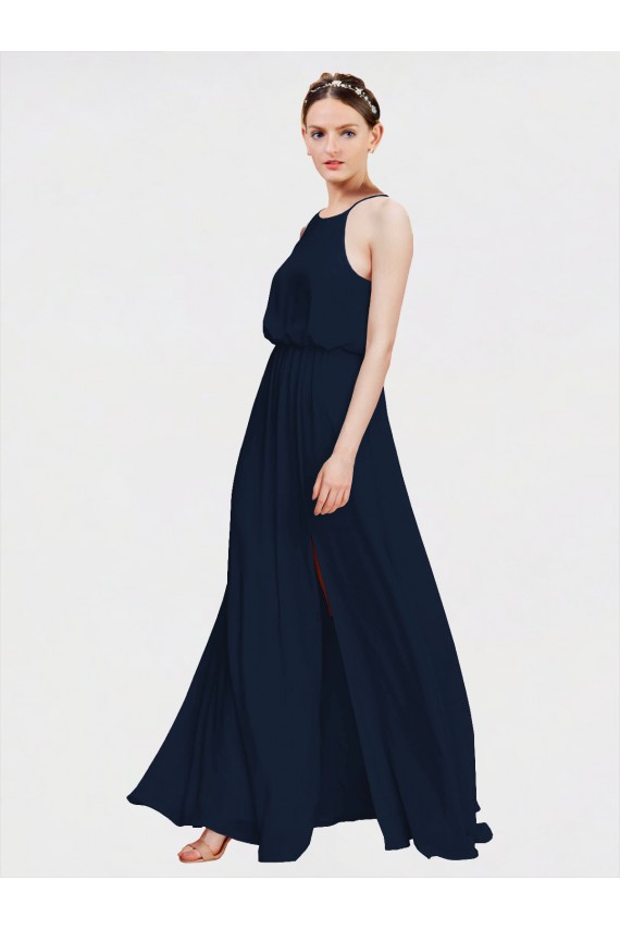 Azul marina oscuro línea A Halter Gasa Largo Vestidos de dama de honor Fábrica