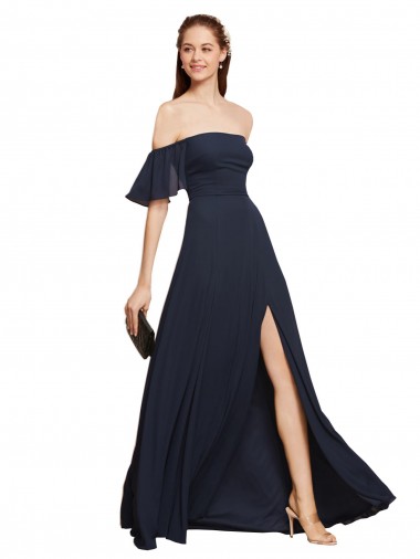 Azul marina oscuro línea A Hombros Descubiertos Gasa Largo Vestidos de dama de honor / Vestidos de fiesta Fábrica